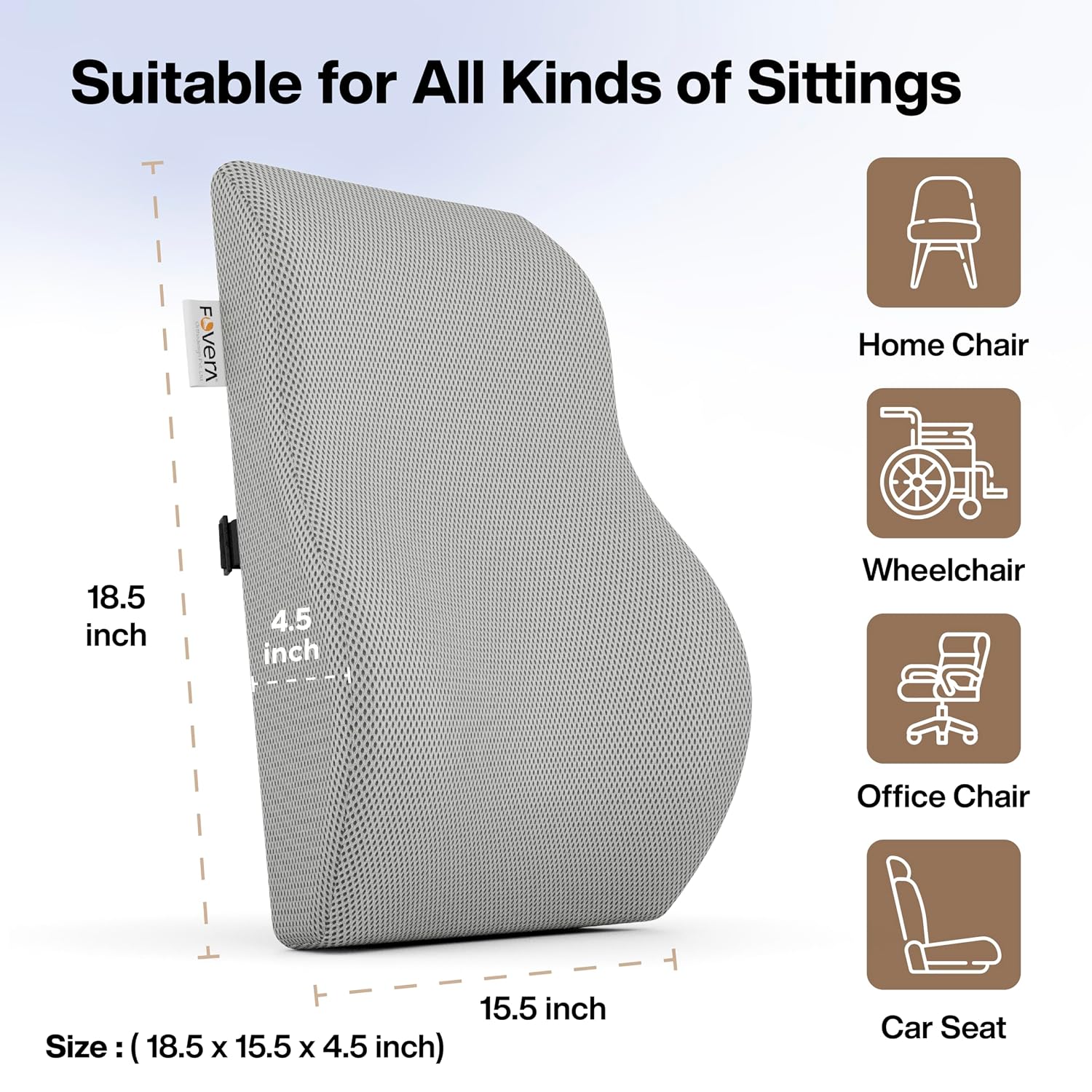 Gel Memory Foam Pillow Car Seat Back Support, For Back Pain Relief, Mesh Grey, Large Size | Orthopedic Lumbar Back Rest For Pain Relief - Back Pillow For Sitting | Adjustable Pillow
