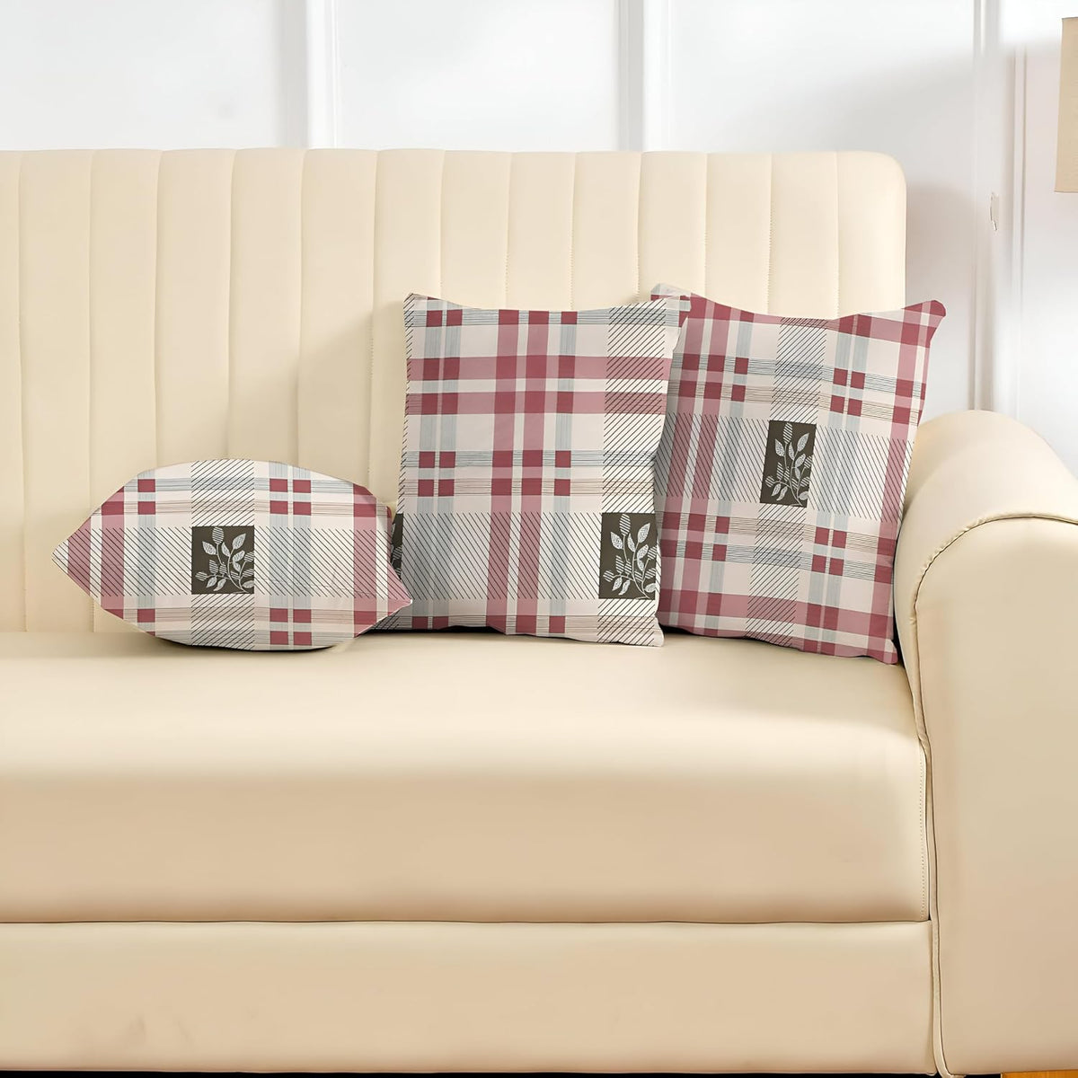 Microfiber Square Pillow Cushion For Sofa & Bed, Maroon & Black - 24 X 24 Inch | Fluffy For Comfort & Back Support | Premium Cotton Cushion Cover With Zip, Neck Support - Set Of 3
