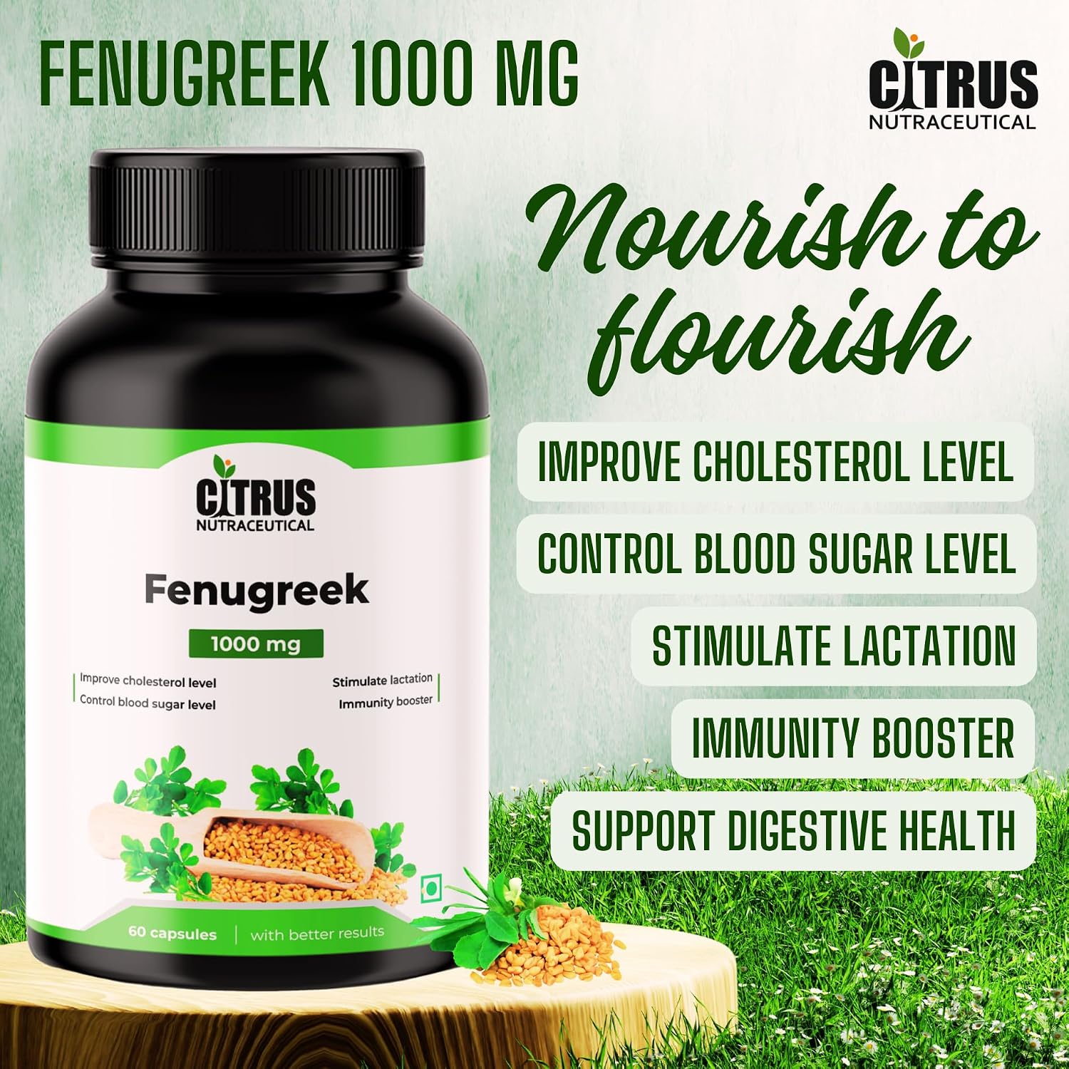 Citrus Nutraceutical Fenugreek Seed Extract Supplement 1000 Mg For Improve Digestion, Regulate Sugar, Increase Lactation & Cardiovascular Support | 60 Capsule, 100gm 0.2lbs