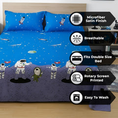 Kids Double Bed Bedsheet Set With 2 Pillow Covers - 88 X 100 Inches, Blue & Grey | Soft Bedding For Boys & Girls | Cosmic Adventure Design