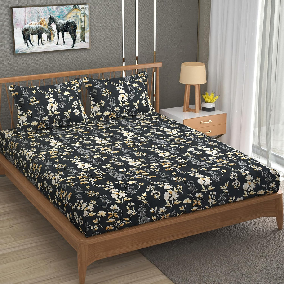 Bedsheet For Double Bed Queen Size With 2 Pillow Cover - 100 X 100 Inches, Grey & Black | Perfect For Gifting On Weddings Bedsheet