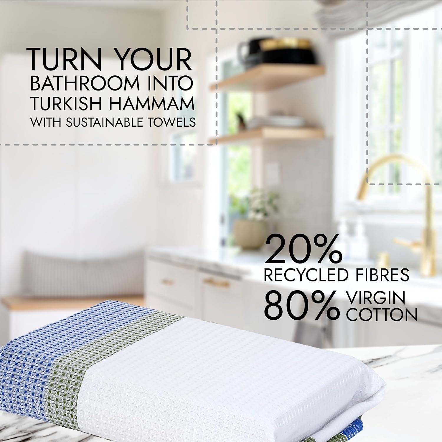 Ecosense Premium Large Cotton Non-Terry Bath Towels 900 Gsm | Soft Absorbent & Comfortable Bath Towels Large Size | Quick Dry Gym, Travel - Blue & Green Waffle (Pack Of 3)