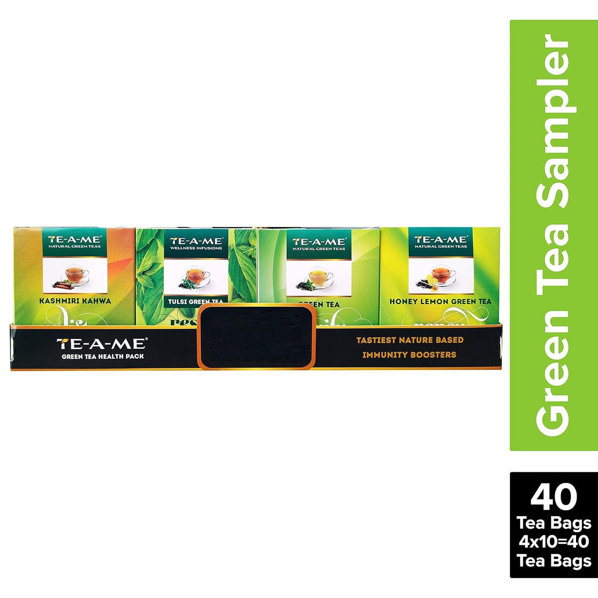 TE-A-ME Assorted Green Tea Bags - Pack Of 40 Tea Bags | Kashmiri Kahwa+ Tulsi+ Green Tea+ Honey Lemon Green Tea Bags - Contains Caffeine