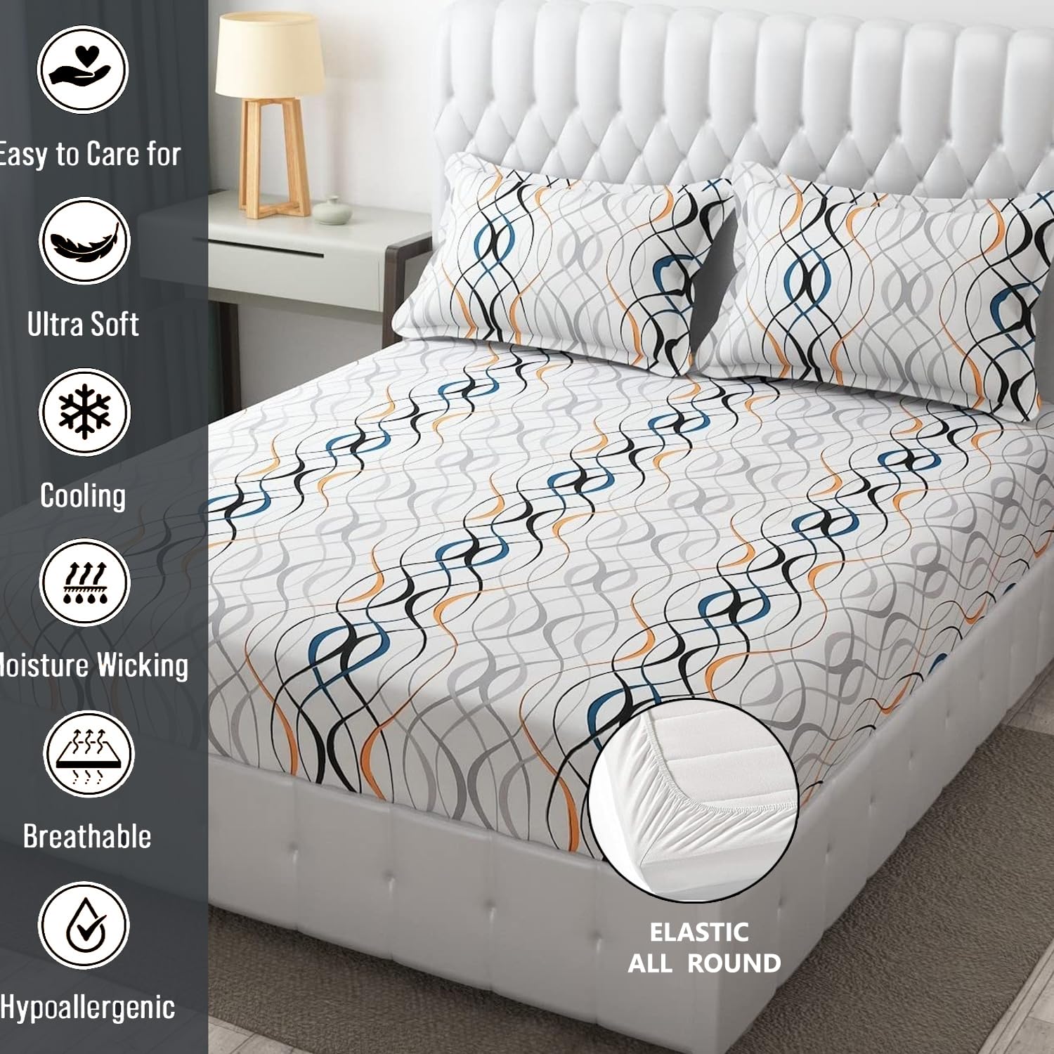 King Size Bedsheet With Two Pillow Cover (Size - 78 X 72 Inches, White & Grey) | Elastic Fitted Floral Bedsheet | Best For Festival Gifting