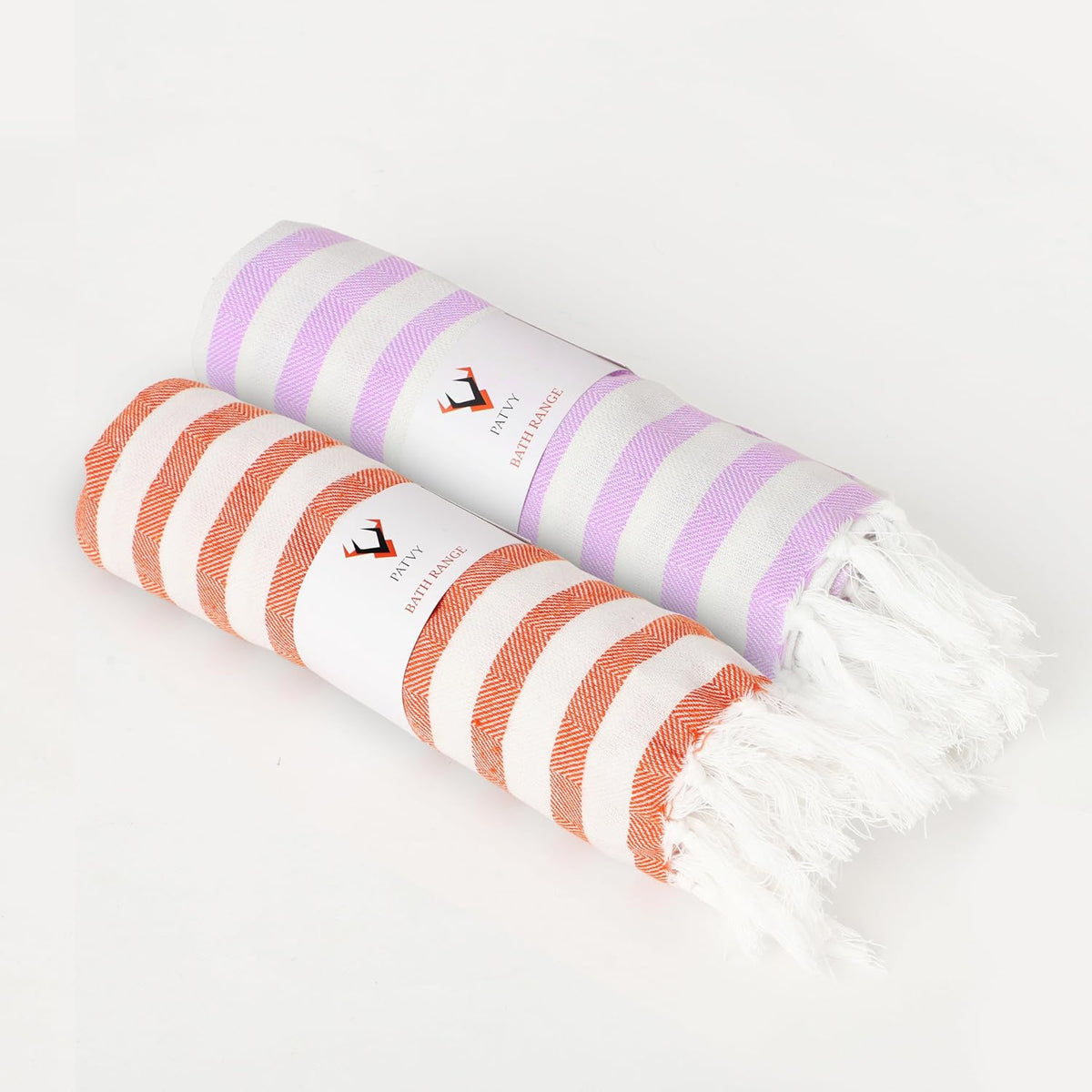 Patvy Bath Towels 490 Gsm | Light Weight Turkish Style Stripe Bath Towels For Men & Women Large Size (Orange & Lavender)- Pack Of 2