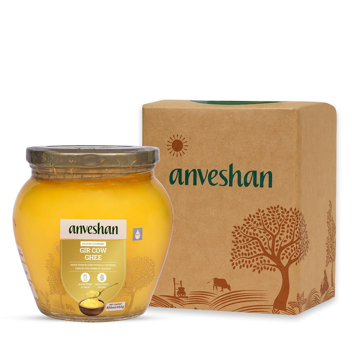 Natural Premium Bilona-Churned Gir Cow Ghee By Anveshan | High In Vitamins A, D & Healthy Bilona Method Desi Ghee Good For Digestive Health | (500ml) 16.9 Ounce | Jar Pack