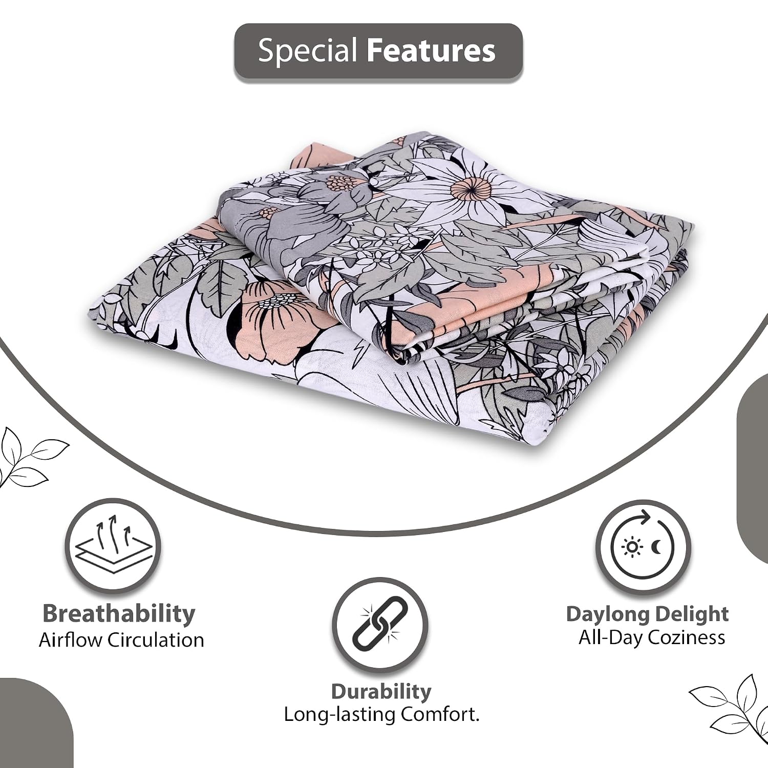 100% Cotton Double Bedsheet For King Size With 2 Pillow Covers | 108 X 108 Inches, White & Grey - Perfect For Home, Guest House, Hotel | Soft, Breathable & Comfortable