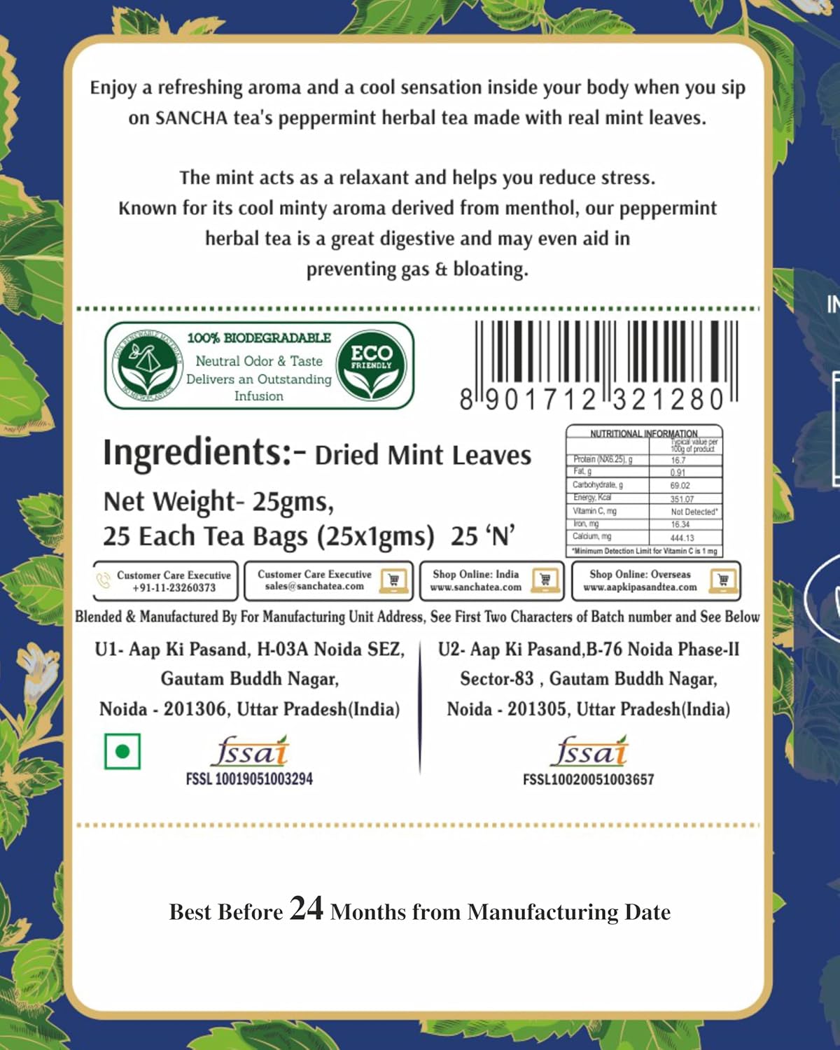 San-Cha Peppermint Herbal Tea - 25 Biodegradable Herbal Tea Bags | Refreshing & Cooling Herbal Tea - Caffeine Free, Environment Friendly