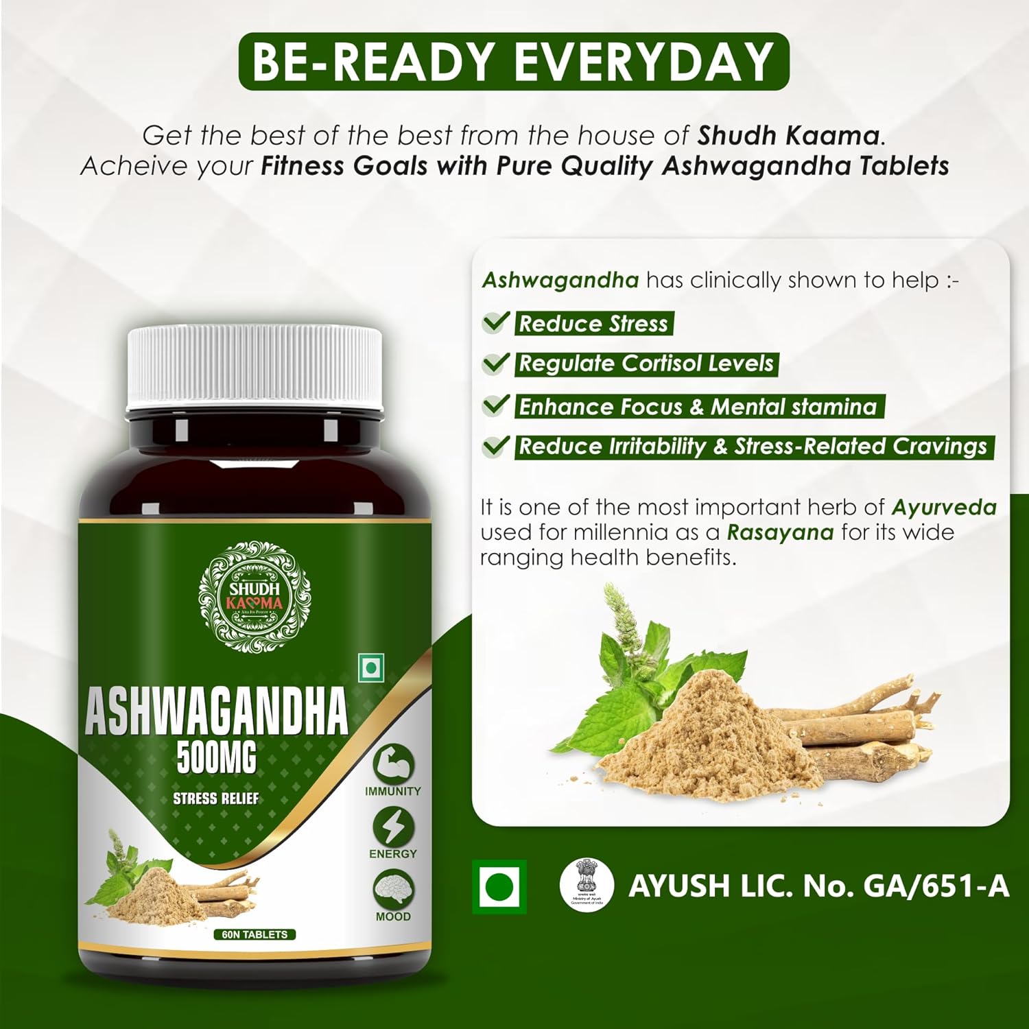 Shudh Kaama Ashwagandha 500mg Tablets For General Wellness & Immunity, Relieve Stress, Boost Energy, Improve Stamina, Boost Muscle Mass, For Men & Women | 60 Tablets 100gm 0.2lbs Each Pack Of 2