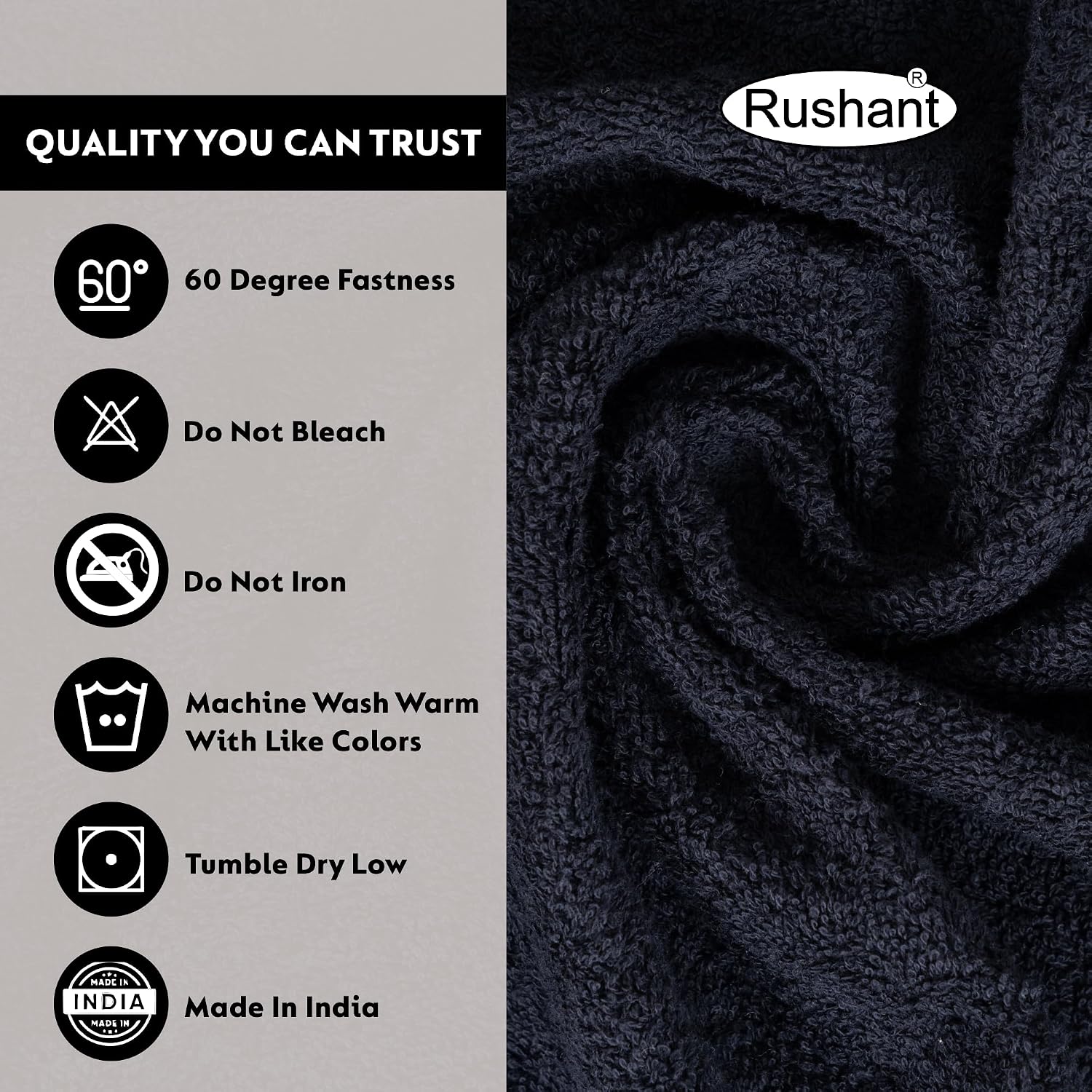 Rushant 100% Combed Cotton Hand Towels 600 Gsm | Ultra Soft, Quick Dry & Super Absorbent For Home, Gym & Travel (Black) - Set Of 4