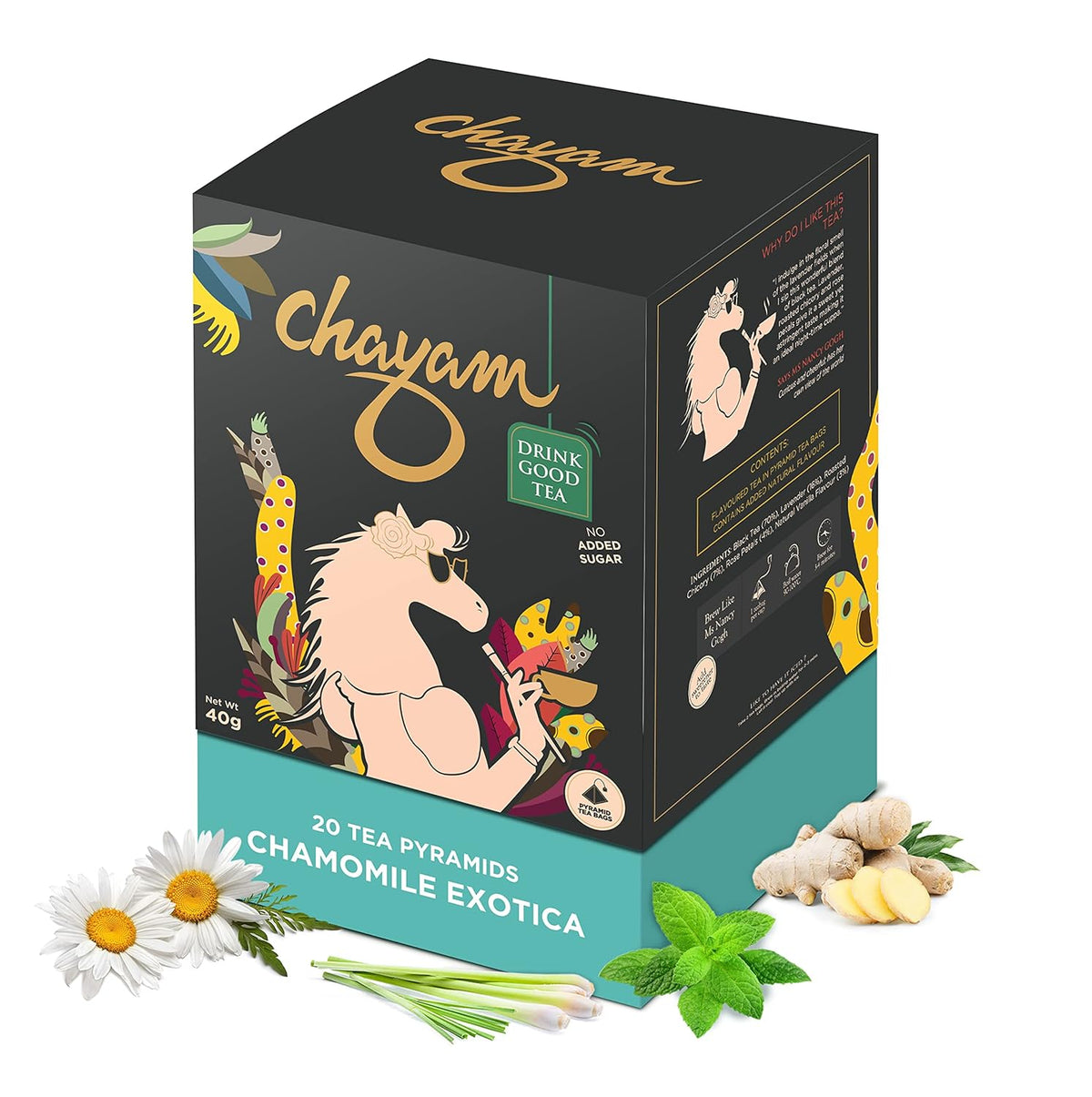 Chayam Chamomile Exotica Tea - 20 Pyramid Tea Bags | 100% Natural Whole Leaf Tea For Stress Relief, Good Sleep - Low Caffeine, Gluten Free, No Added Sugar
