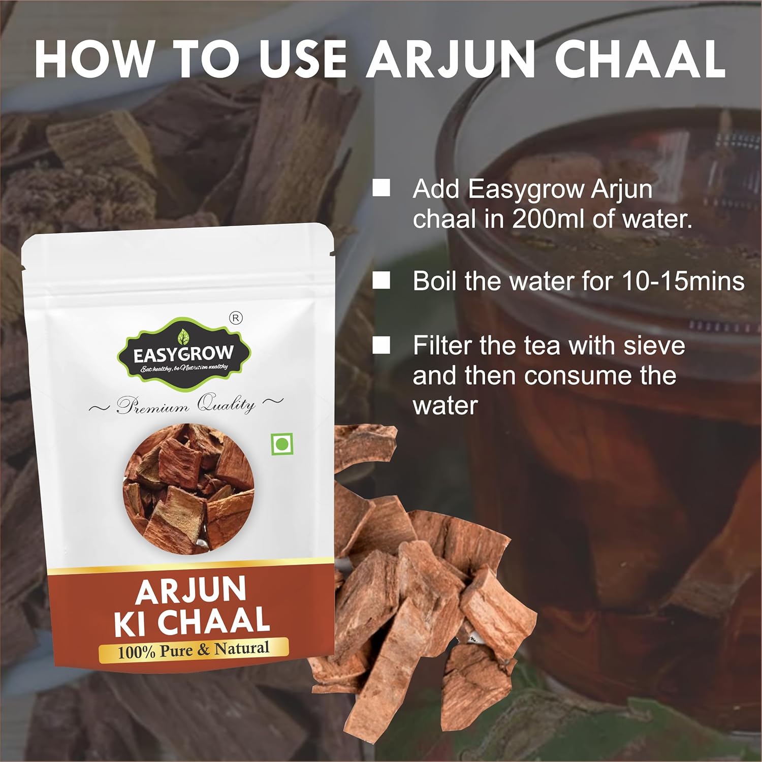 Easygrow Arjun Ki Chaal Dried Arjun Tree Bark, Raw Terminalia Arjuna Bark Lowers Bad Cholesterol | 400gm 0.8lbs