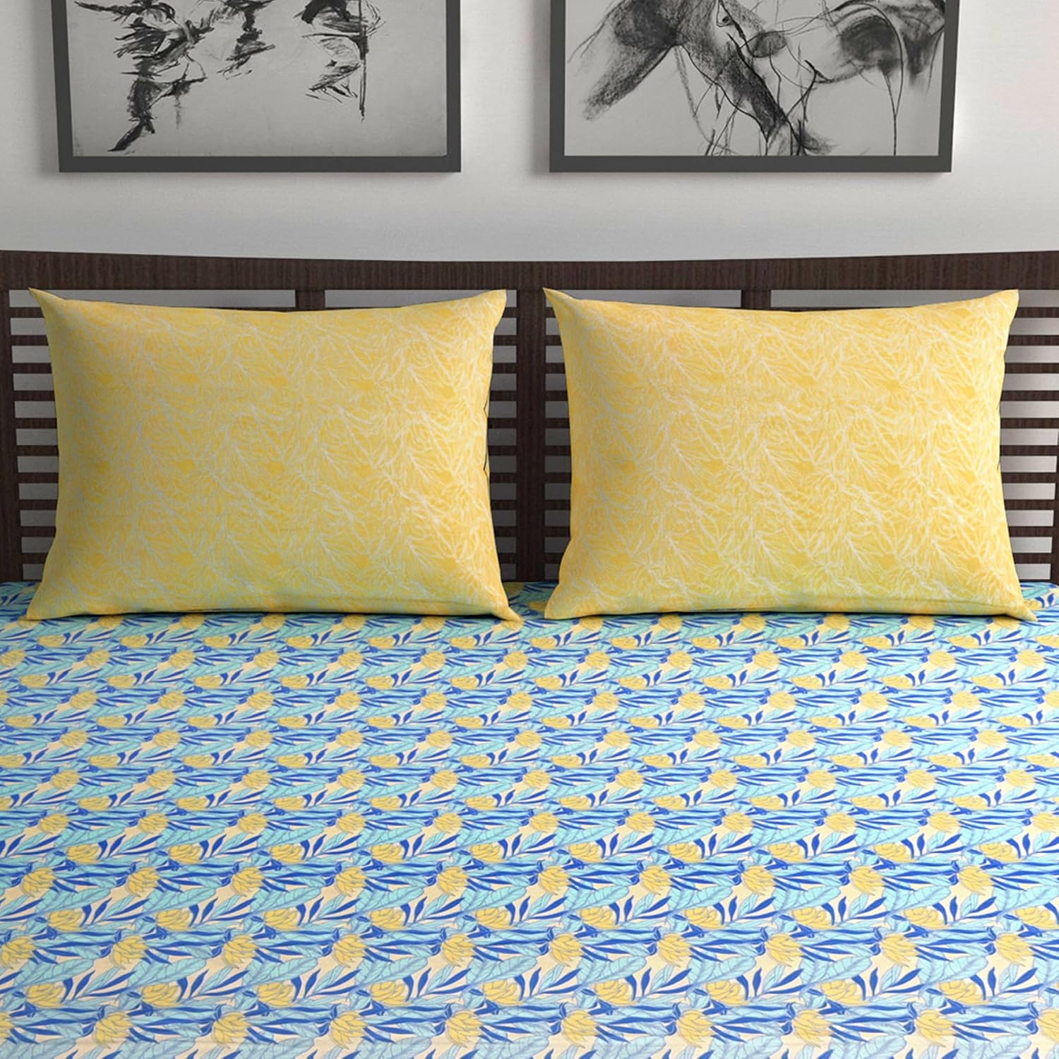 Queen Size Double Bedsheet With 2 Pillow Covers - 87 X 100 Inches, Blue & Yellow | 144 Thread Count Pure Cotton Bedsheet - Light Weight, Soft, Skin Friendly | Perfect For Gifting