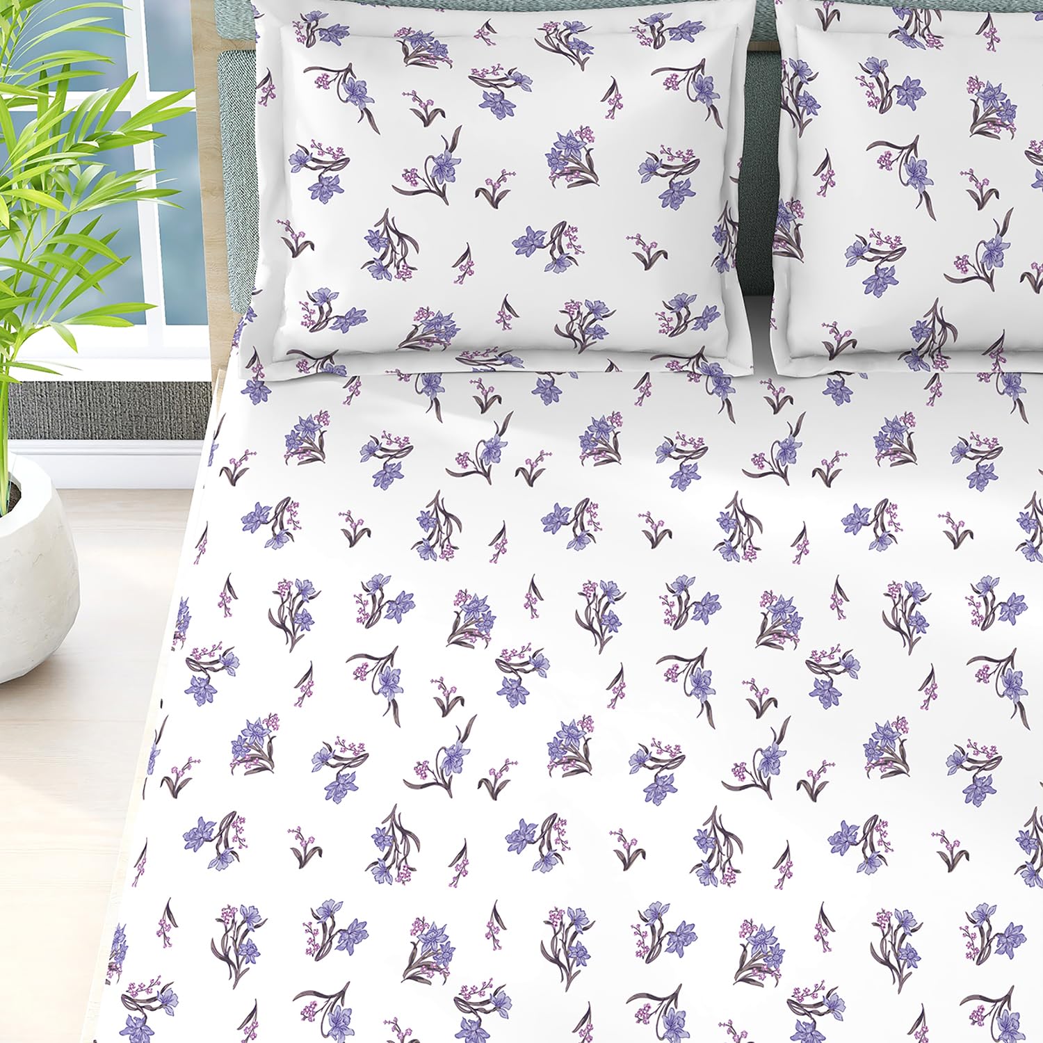 100% Cotton Bedsheet For Double Bed King Size With 2 Pillow Cover | 108x108 Inches, White - Light Weight, All Season Comfort Bedsheet