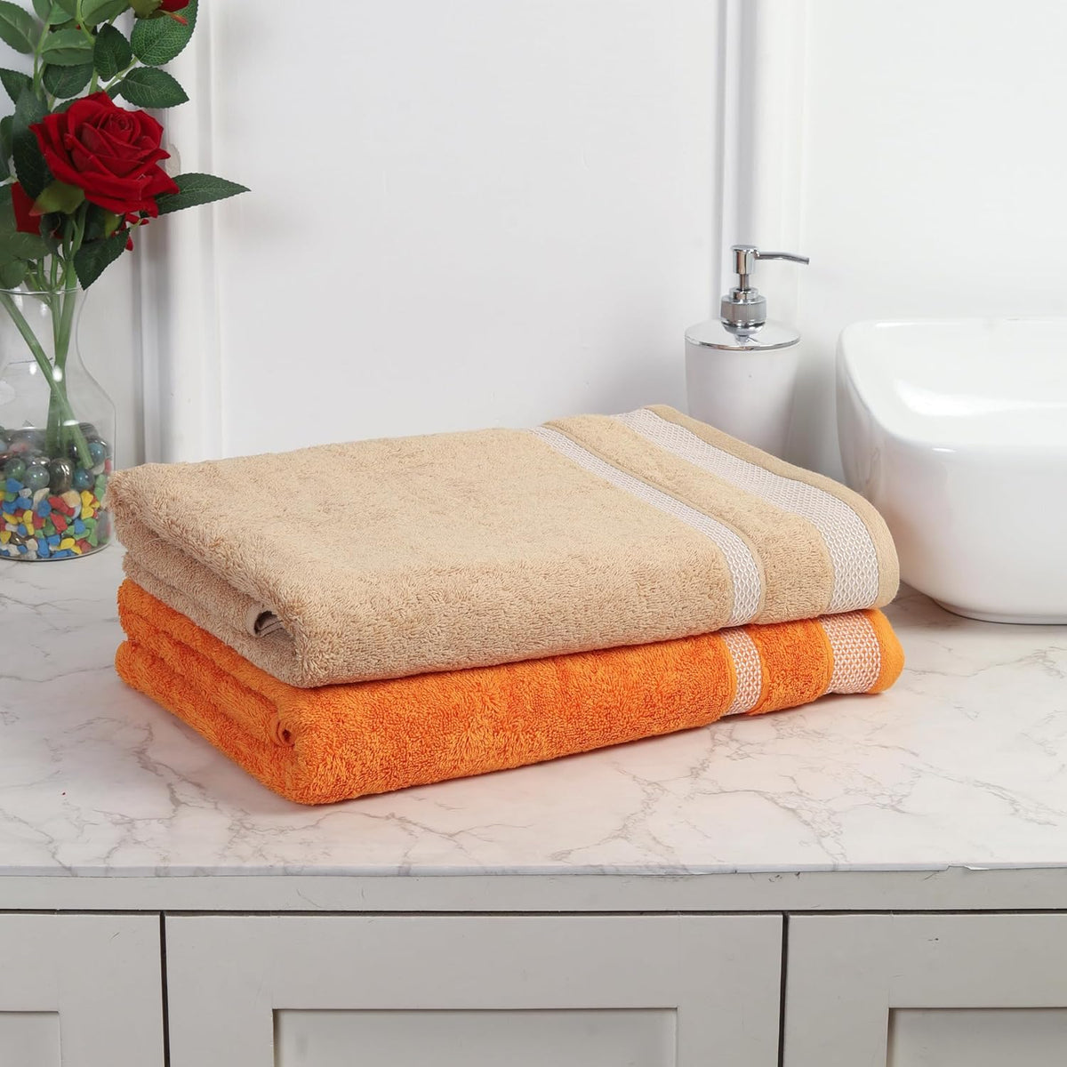 Mafatlal Bath Towels 1100 Gsm | Large Size Towel For Men & Women Daffodil Series (Orange & Beige) - Pack Of 2