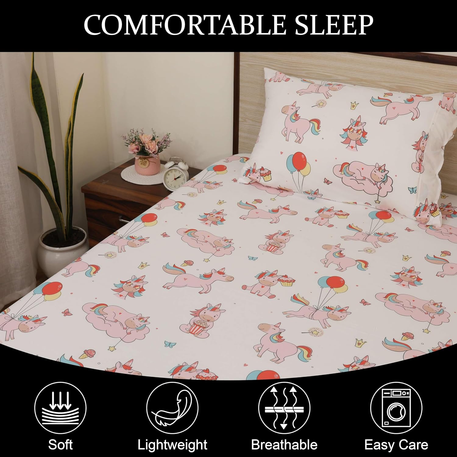 Printed Bedsheet For Single Bed Includes Pillow Covers Skin Friendly - Size-60x90 Inches, White | Perfect For Children'S Rooms Bedsheet