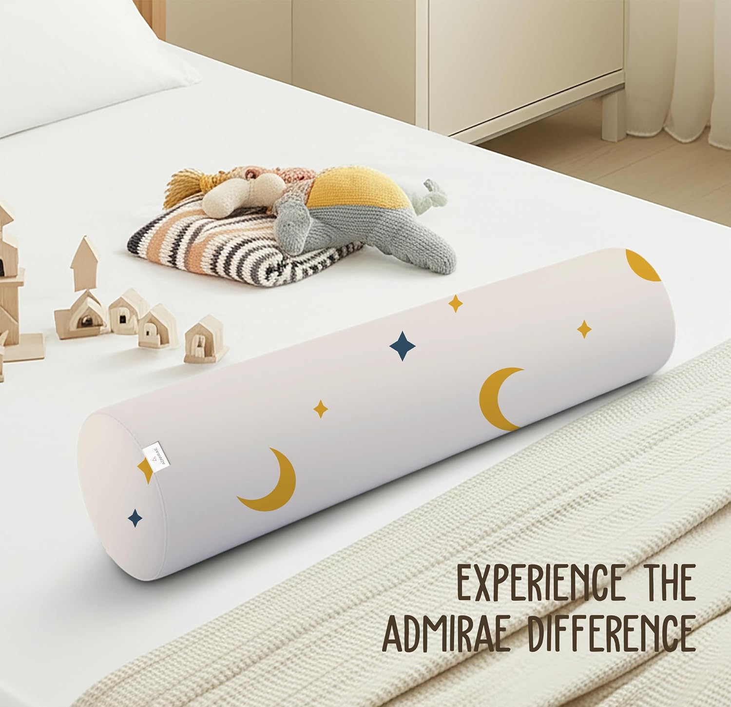 Premium Memory Foam Bolster Pillow, Moon & Stars Print, White - 24 X 6 Inch | Removable & Washable Cover, Hypoallergenic & Safe, Lightweight | Soft & Breathable Fabric Pillow