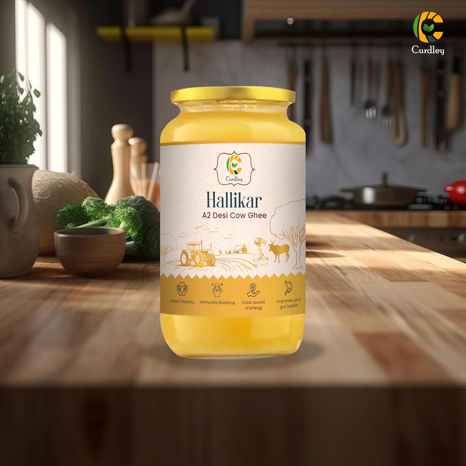 Organic Natural A2 Desi Hallikar Cow Ghee By Curdley | Great Source Of Energy Healthy & Nutrients Desi Cow Ghee For Weight Managements | (1 Litr) 33.8 Ounce Jar Pack