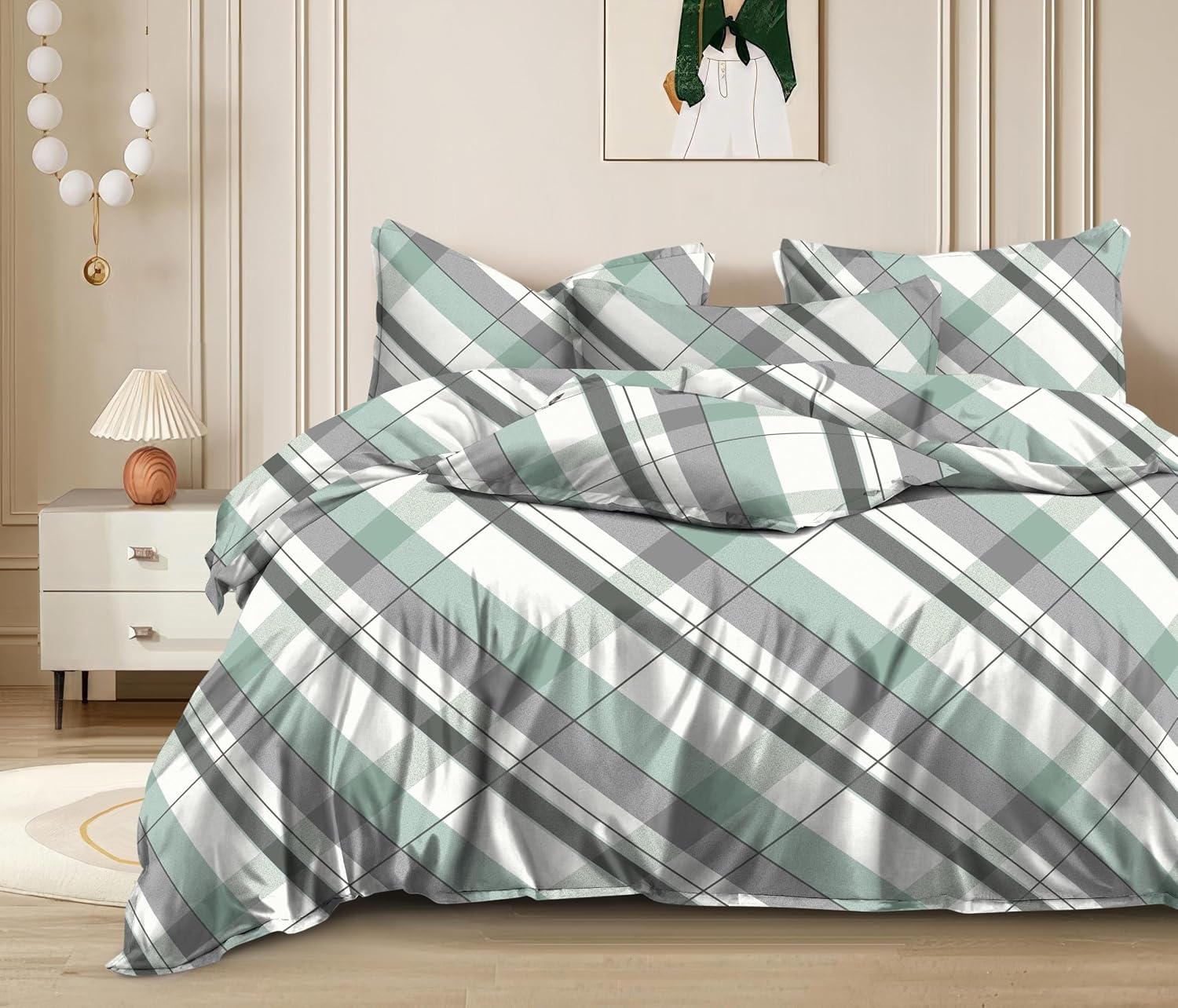 Cotton Elastic Fitted Printed Queen Size Double Bed Bedsheet With 2 Pillow Cover | 60 X 78 Inches, Grey & Green - Soft Touch, Wrinkle Resistant, Skin Friendly