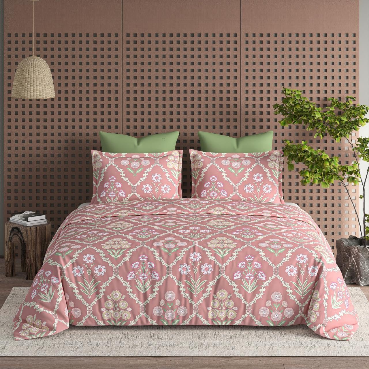 Printed King Size Double Bedsheet With 2 Large Pillow Cover - Size 72 X 78 X 14 Inches, Pink | Cotton Elastic Fitted All Around Bedsheet - Breathable & Wrinkle Free