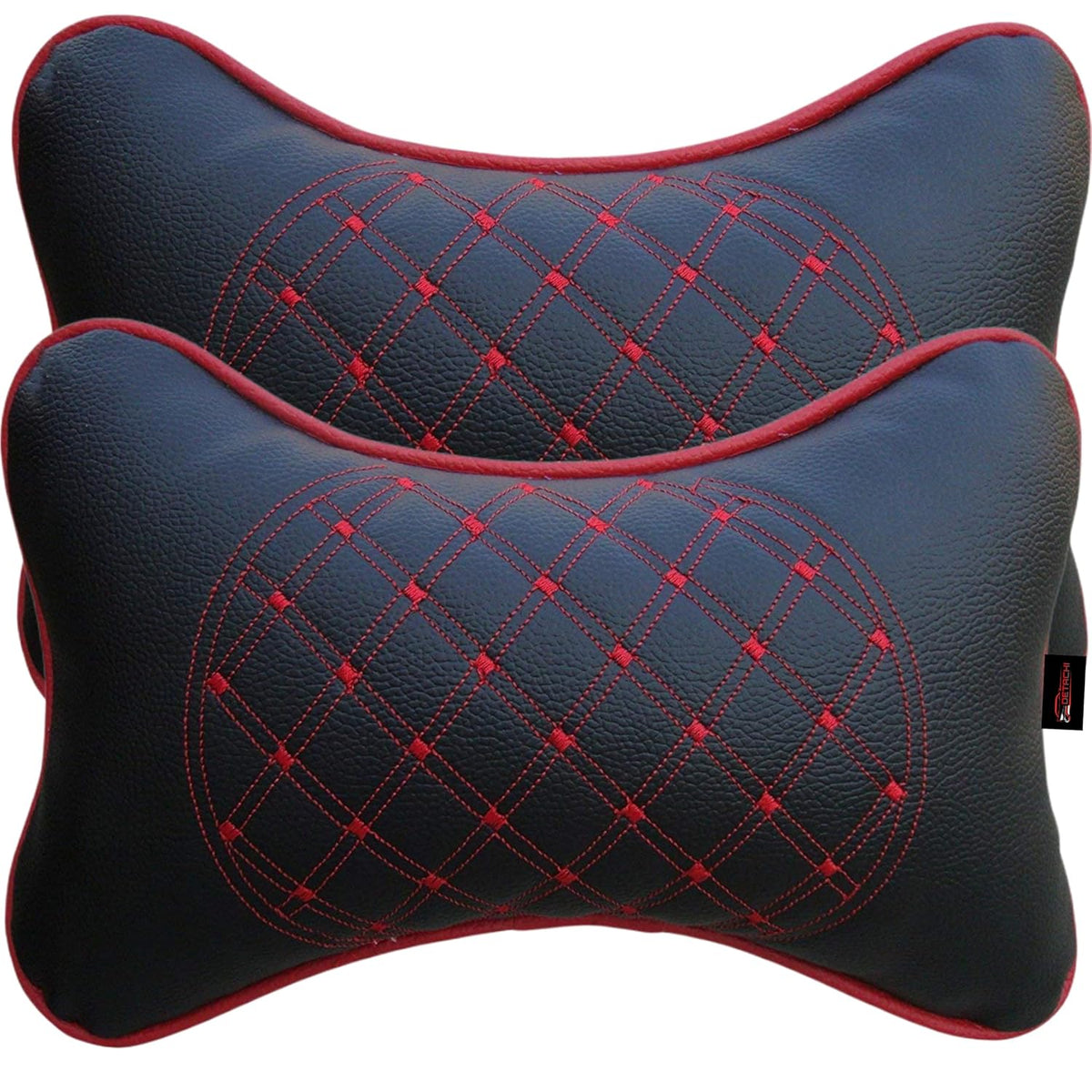 Faux Leather Car Neck Rest Pillow, Pillow Compatible With All Cars - Black, With Red Embroidery | Neck & Head While Driving Pillow For Neck Pain Relief | Light Weight - Pack Of 2