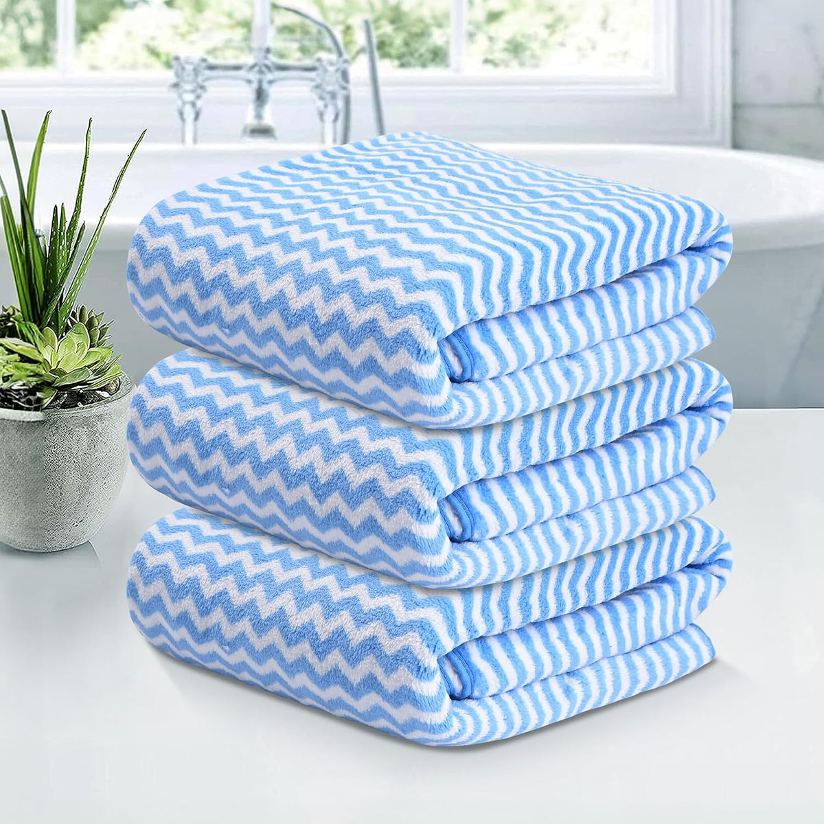Kuber Industries Microfiber Bath Towel 1050 Gsm | Large Size Soft Quick Dry & Absorbent Shower Bath Towel (Zig Zag - Blue)- Pack Of 3