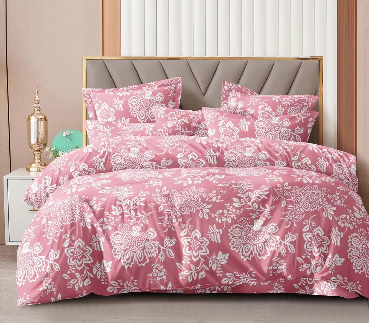 Double Bedsheet For King Size With 2 Matching Pillow Covers - 108 X 108 Inches, Pink & White | Glace Cotton Printed Bedsheet Lightweight, Soft & Smooth - Ideal For Home, Guest House