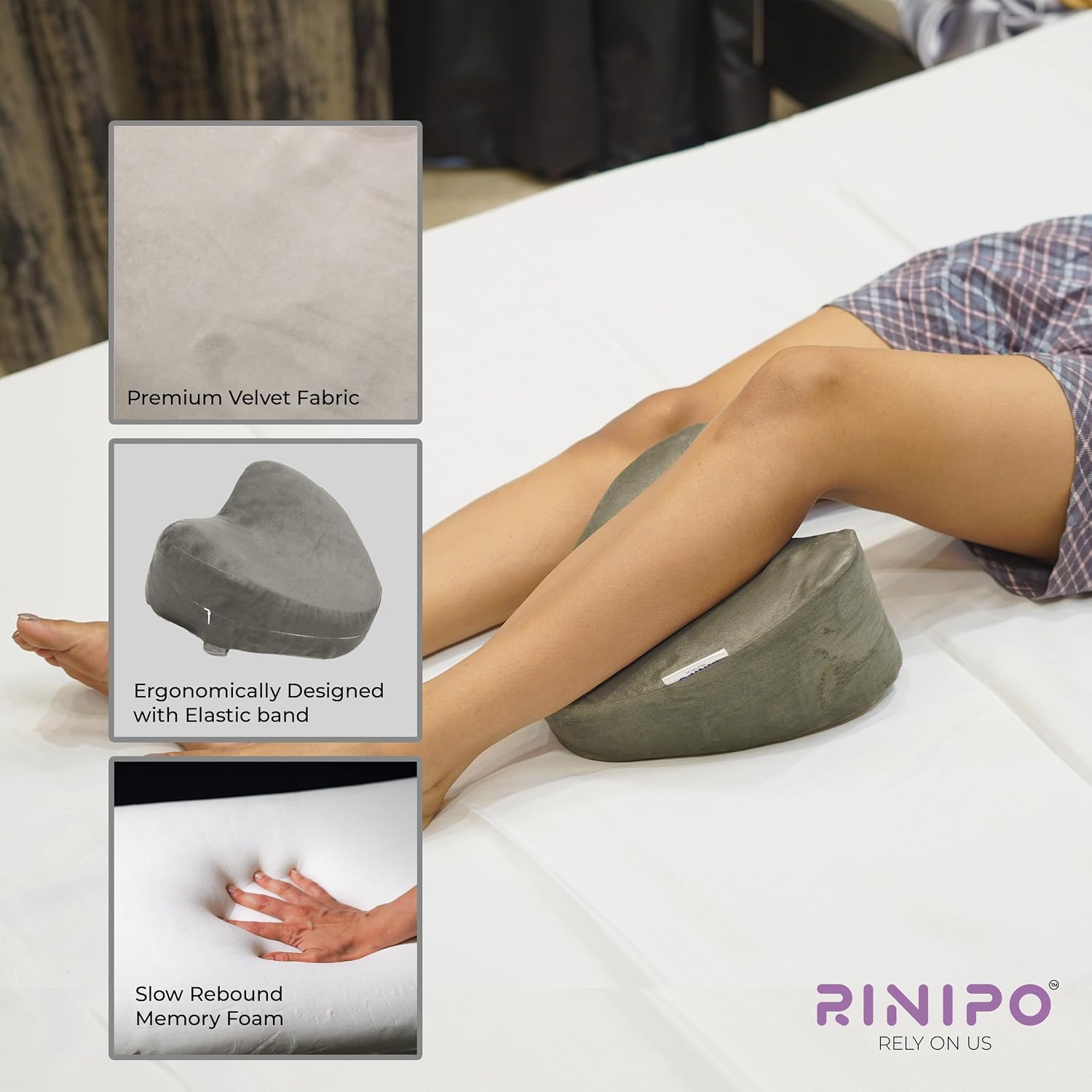 Memory Foam Knee Pillow For Sleeping, Leg Pillow For Pregnancy - Grey | For Back Pain, Side Sleepers, Sciatica & Knee Pain Relief | Knock Knee Pillow For Leg Support, Zipper Velvet Cover