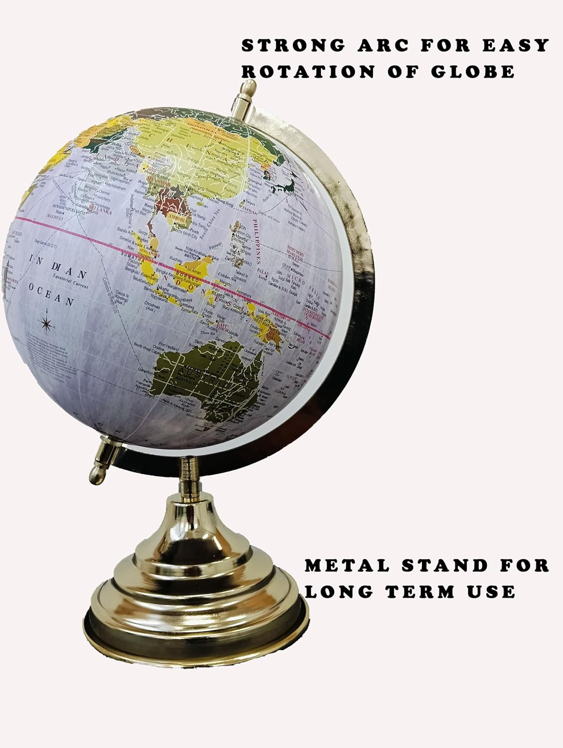 Rotating World Globe 8 Inch With Gold Arc & Wooden Stand For Show Piece For Home, Office, Study Table Decor, Birthday, Party Gifts For Students, Multi, Pack Of 1