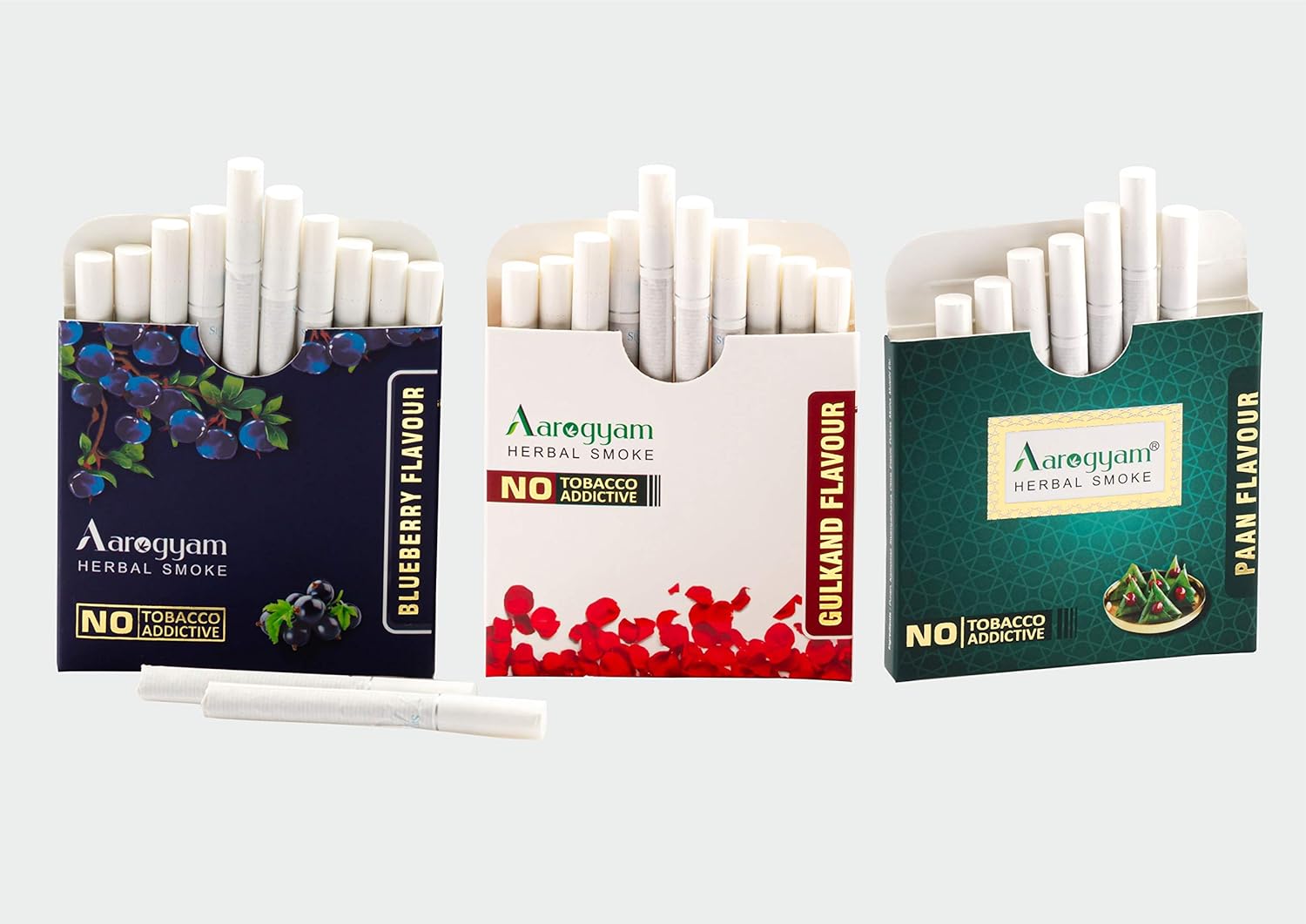 Aarogyam Herbals Tobacco & Nicotine Free Herbal Flavor Smoke For Relieve Stress And Mood Enhance Product - Blueberry, Gulkand, Paan Masala Flavour - Pack Of 3 30 Sticks