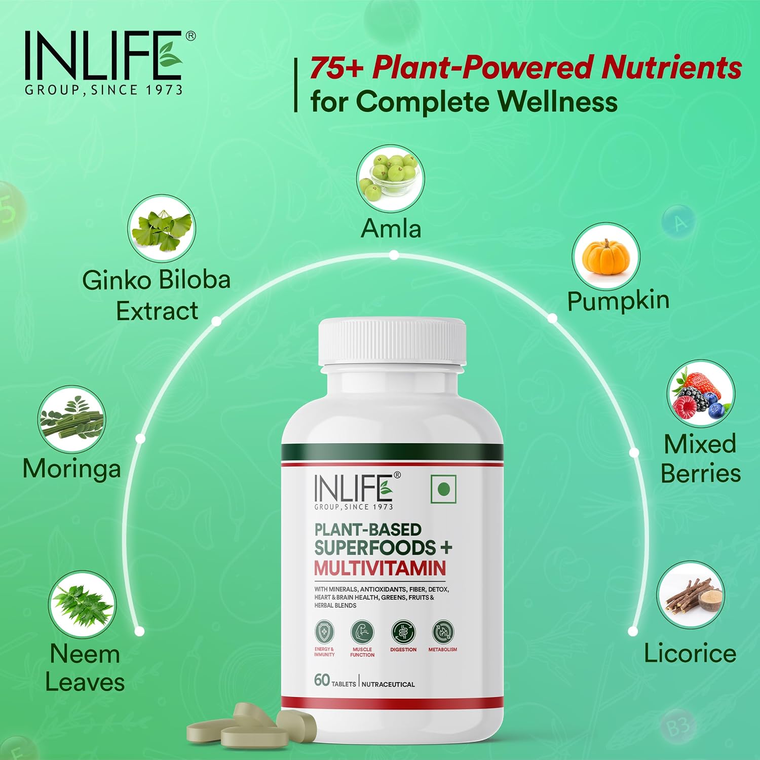 Inlife Plant Based Multivitamin For Men & Women , 75+ Ingredients With Vitamins B12, D3, Superfoods, Greens, Vegetables, Fruits & Herbs For Immuntiy | 60 Tablets , 100gm 0.2lbs
