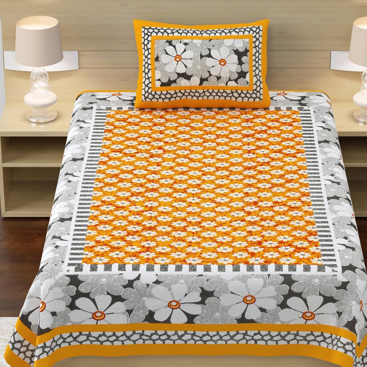 100% Cotton Single Bed Sheet With 1 Pillow Cover - 56 X 86 Inches, Grey & Yellow | Super Soft Microfiber, Breathable Wrinkle, Fade Resistant