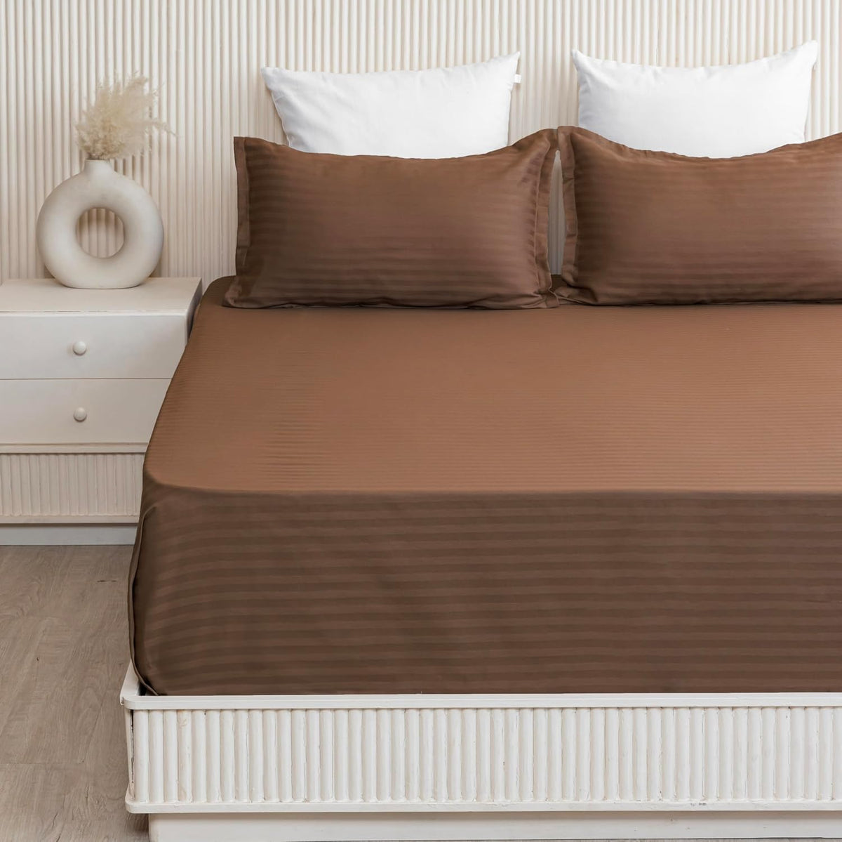 Luxurious Satin Stripe Soft Flat Bedsheets 2 Pillow Covers, Double Size - 84 X 90 Inches, Brown | Good For Home, Hotel, Villa, Resort & Guest House