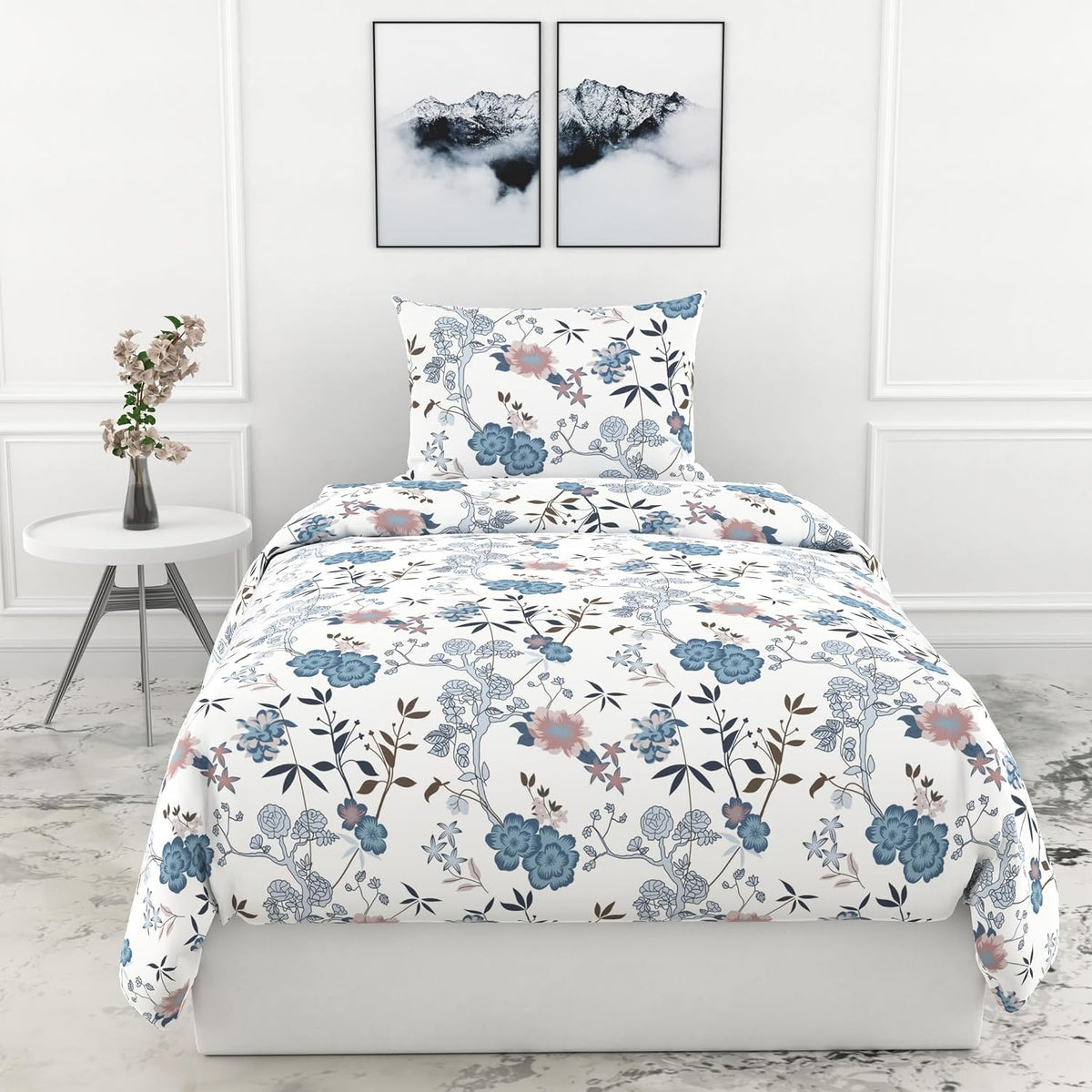 Cotton Bedsheet For Single Bed With 1 Pillow Cover - 54 X 84 Inches, Blue & White | Soft Touch Cotton Fabric-Comfortable & Durable | Elegant Printed Bedding Set For Daily Use