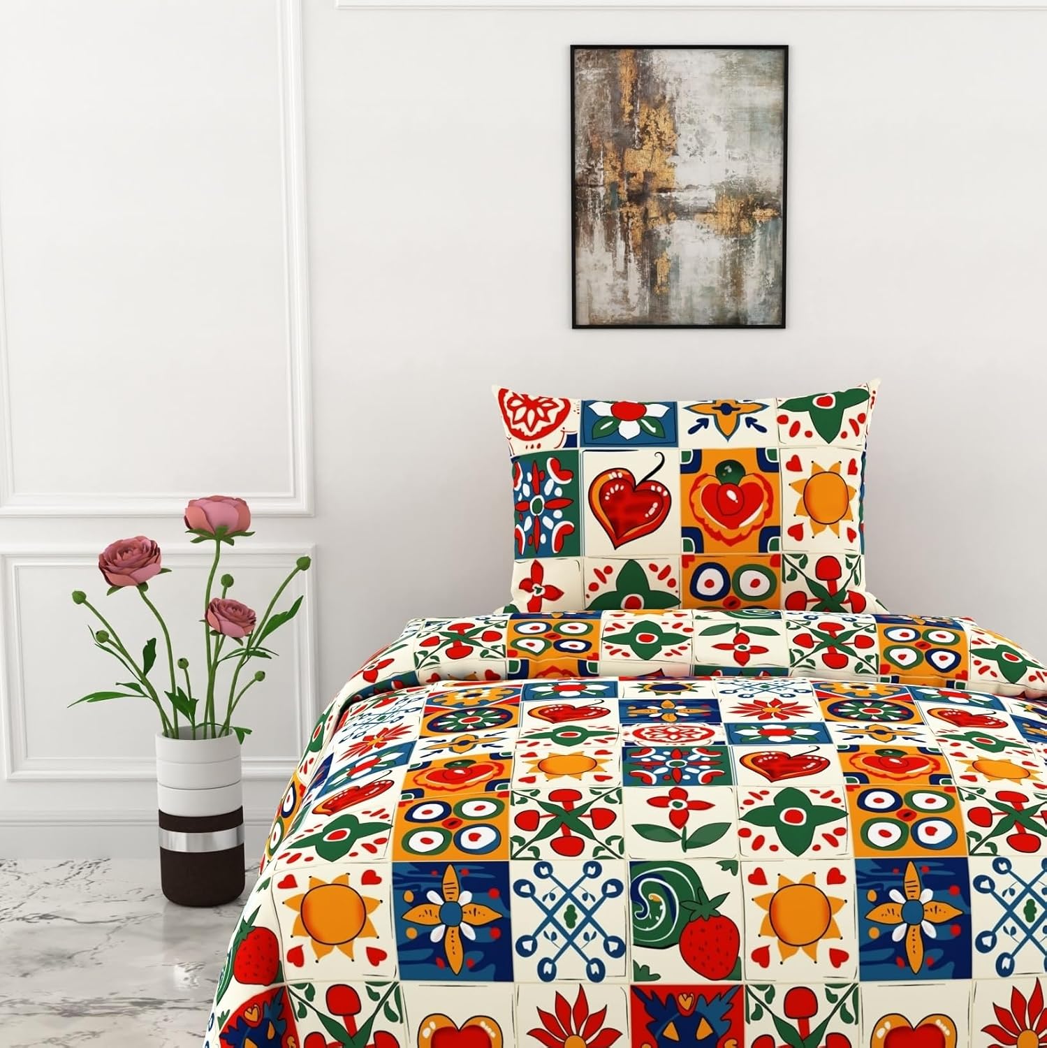Cotton Bedsheet For Single Bed With 1 Pillow Cover - 54 X 84 Inches, Multicolor | Soft Touch Cotton Fabric-Comfortable & Durable | Elegant Printed Bedding Set For Daily Use