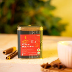 Luxmi Estates Vanilla Spice Chai Black Tea - 100gm Tin, 3.5 Ounce, 50 Cups | USDA Certified Organic Black Tea - Gluten Free, High Caffeine Tea Bags | Darjeeling & Assam Tea From India