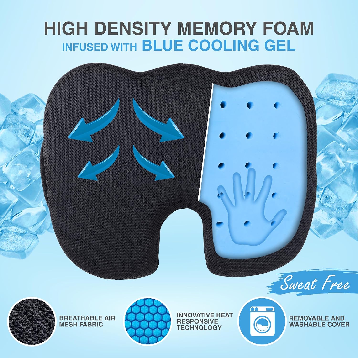 Cooling Gel Memory Foam Pillow, Orthopedic Coccyx Cushion For Tailbone Pain, Black - 18 X 14 X 3 Inch | Coccyx Pillow For Sitting Comfort | Tailbone Pain Relief Cushion For Coccyx, Sciatica