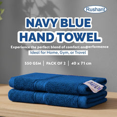 Rushant 100% Combed Cotton Hand Towels 400 Gsm | Ultra Soft, Quick Dry & Super Absorbent For Home, Gym & Travel (Navy Blue) - Set Of 2
