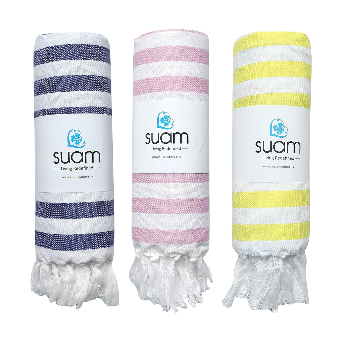 Suam Suntails Lightweight 100% Cotton Bath Towel | Beach, Pool, Travel, Spa & Yoga, Daily Use | Pack Of 3 (Dark Blue & Red, Pink & Blue, Yellow & Lite Blue)