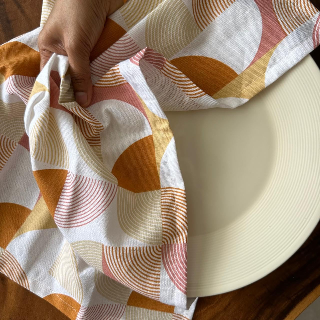 Oak & Lily 100% Cotton Kitchen Napkins Dish Towels 350 Gsm | Premium European Quality Washable, Large Size Kitchen Cloth For Roti, Cleaning, Drying | Yellow & Rust Print (Set Of 3)
