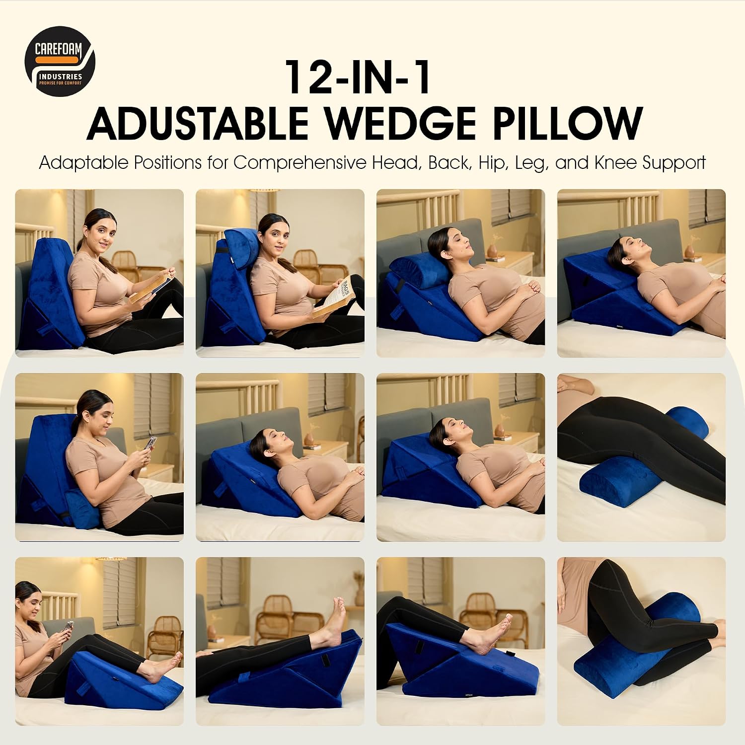 Wedge Pillow For Back Support, Adjustable Wedge Pillow With Headrest, Velvet Blue - 22 X 22 X 12 Inch | Memory Foam Bed Wedge Pillow For Sleeping | Acid Reflux, Gerd, Snoring, Resting