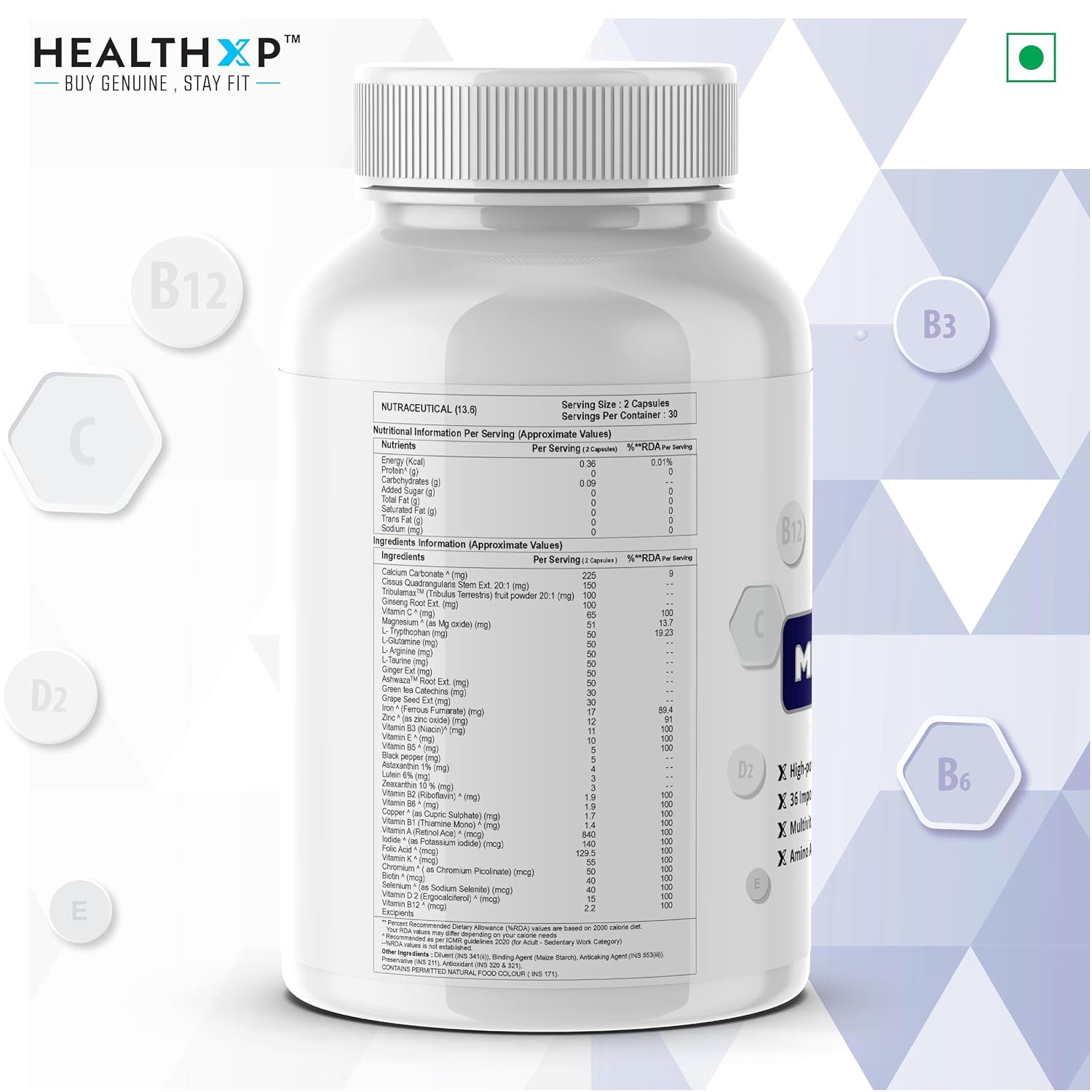 Healthxp Advanced Multivitamin Minerals Boosts Immunity Enhances Energy And Recovery | 60 Capsules , 100gm 0.2lbs