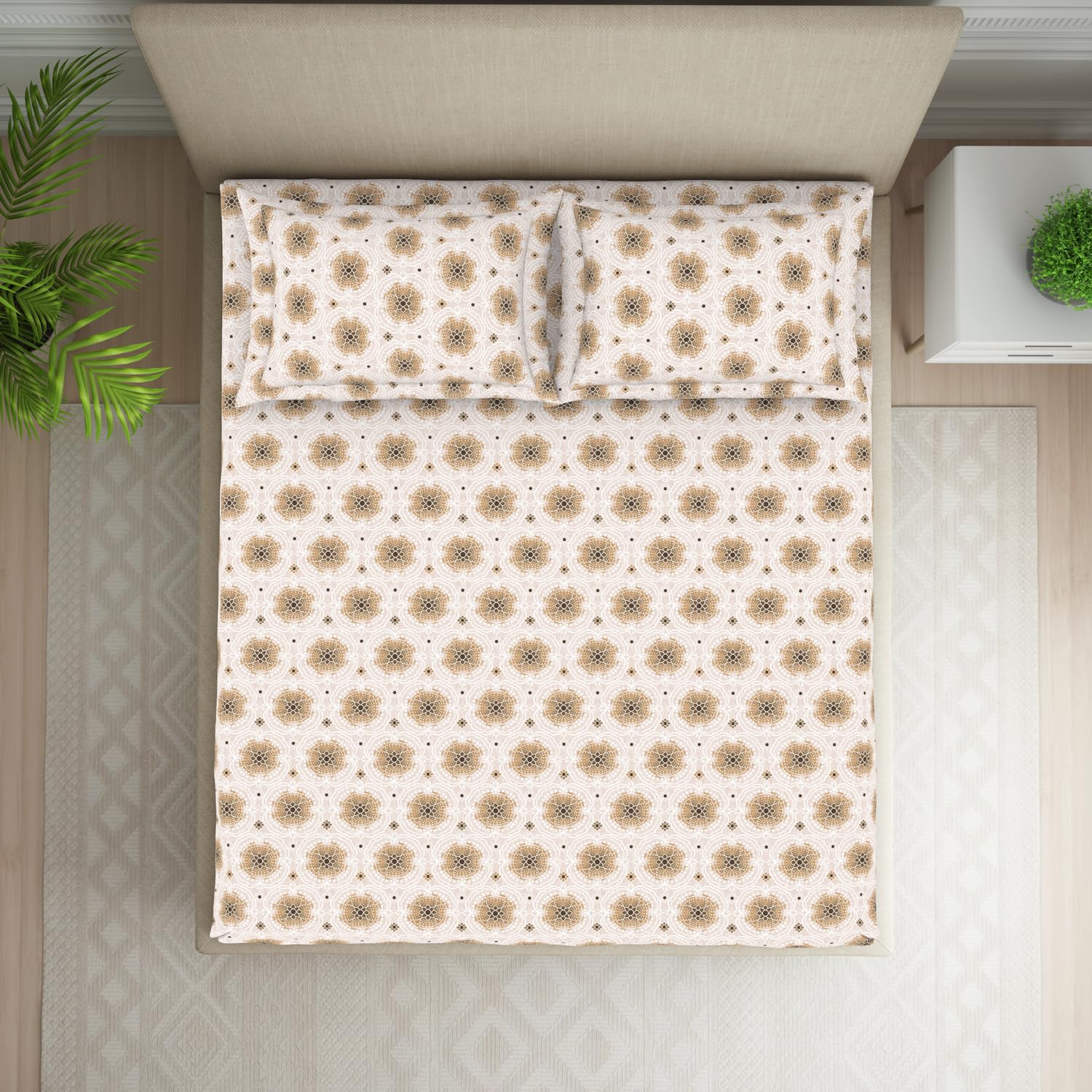 Double Bedsheet For Queen Size 2 Matching Pillow Cover - 88 X 100 Inches, Beige & Brown | Durable & Long Lasting Wrinkle Resistant Fabric - Skin Safe & Super Soft