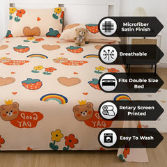 Kids Double Bed Bedsheet Set With 2 Pillow Covers - 88 X 100 Inches, Cream & Orange | Soft Bedding For Boys & Girls | Teddy Bear Design