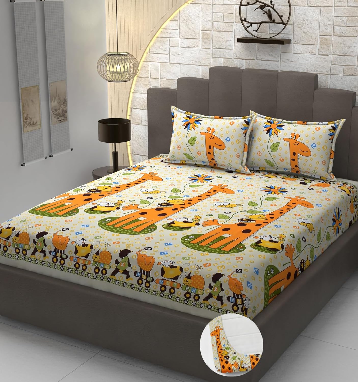 Kids 1 Double Bedsheet For King Size With 1 Pillow Covers - 72 X 78 X 10 Inches, Multicolor | Cotton Feel All Around Elastic Fitted Bedsheet