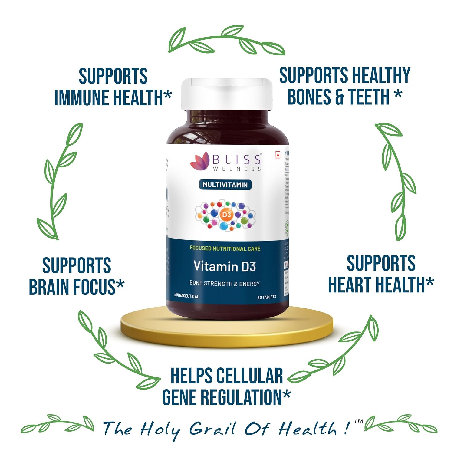 Bliss Welness Vitabliss Vitamin D3 For Healthy Immune System And Bone, Teeth & Heart Health | 60 Tablets , 100gm 0.2lbs