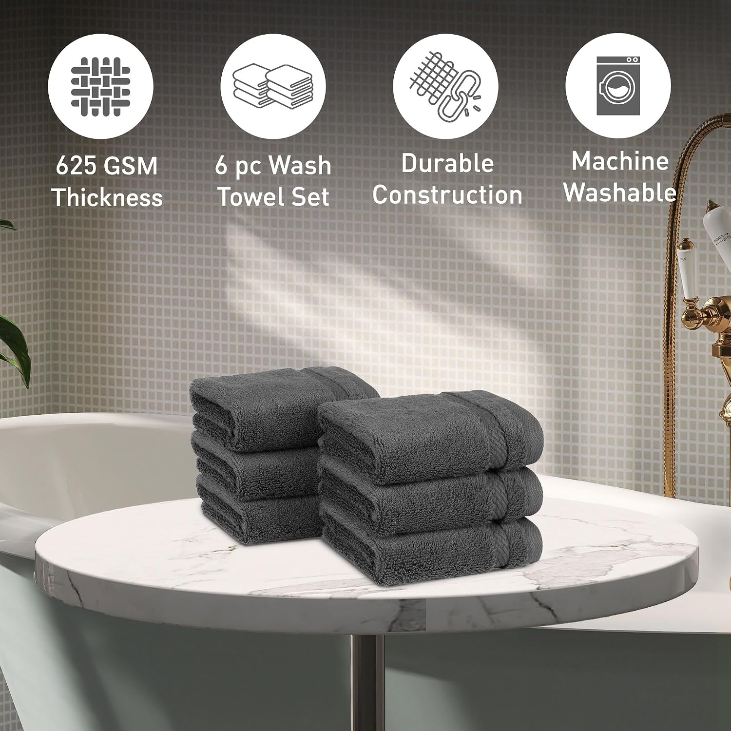 Mytrident Finesse 100% Cotton Face Towels 1200 Gsm (Charcoal) -6 Piece