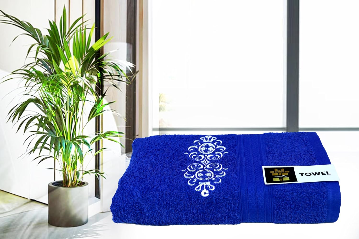Comfigifts 100% Cotton 2 Bath & 2 Hand Towels 1400 Gsm | Soft, Absorbent, Lightweight Towels With Computerized Embroidery (Royal Blue D2)