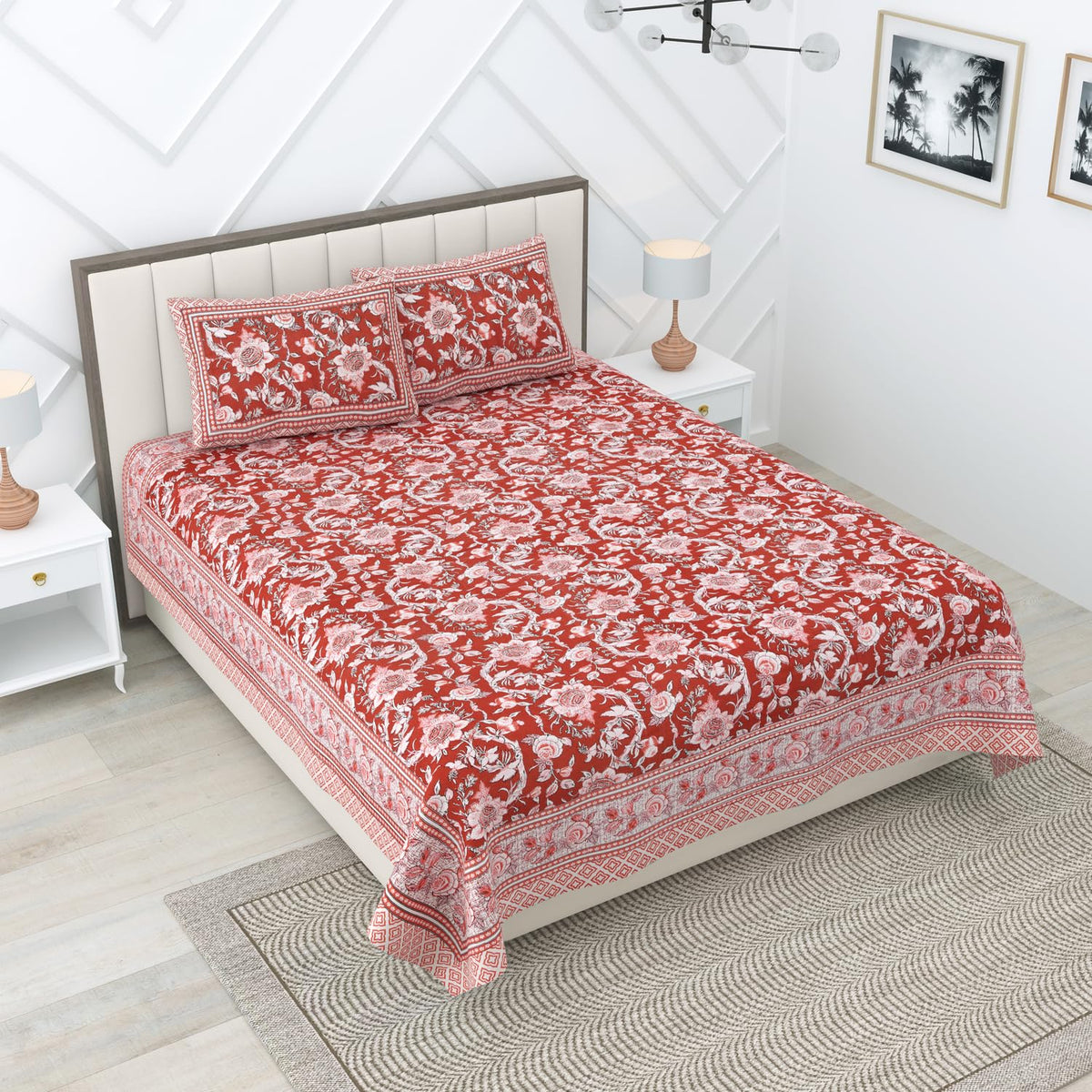 King Size Bedsheet With 2 Pillow Cover - 90 X 108 Inches, Red & White | Light Weight & Easy To Wash At Home | Resistant For An All-Season Use