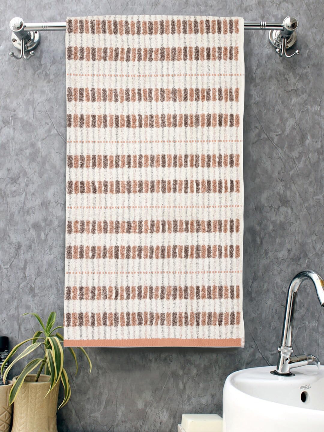Homefresh Decorative Cotton Bath Towel 500 Gsm | Geometric Pattern Brown & White (Fossil)
